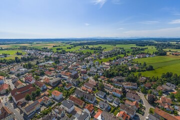 Blick von oben auf Bad Wörishofen in Mittelschwaben im bayerischen Alpenvorland