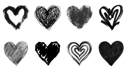 Black ink heart set including hand drawn scribble, textured, and brush stroke variants isolated. Handcrafted romantic icons for valentine and wedding design.