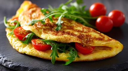 Omelette with subtle texture contrast, neutral stone backdrop