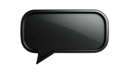 A glossy, 3D-rendered black speech bubble with rounded corners and a shadow on a dark background