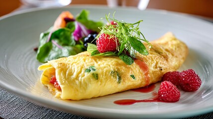 Soft omelette centered on neutral porcelain, calm fine dining look