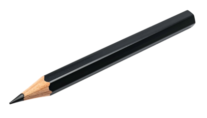 A single, black, sharpened pencil with a visible wood grain core, set against black