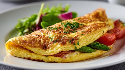 Soft omelette served slightly open to reveal interior, pale neutral backdrop, controlled lighting