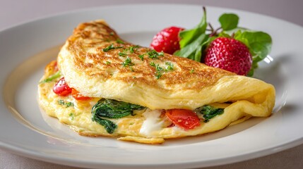 Soft omelette served slightly open to reveal interior, pale neutral backdrop, controlled lighting