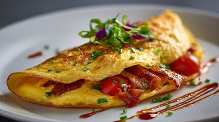 Soft omelette served slightly open to reveal interior, pale neutral backdrop, controlled lighting