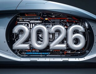 Inside a futuristic vehicle's exposed machinery displays the year 2026