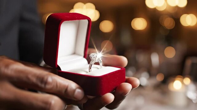 Hands opening a red velvet box to reveal a sparkling diamond engagement ring. Marriage proposal in a romantic setting
