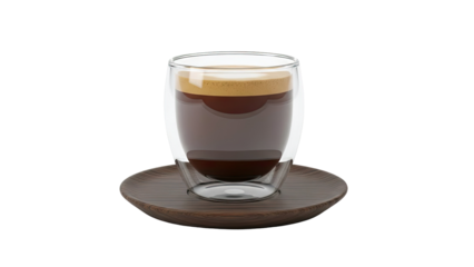 Double Walled Glass Coffee Cup with Espresso on Wooden Saucer