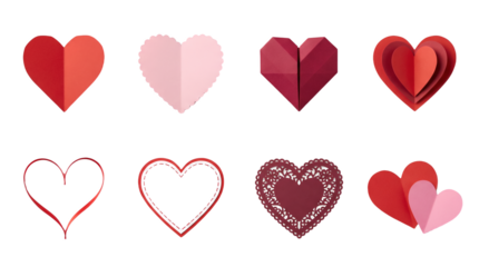 Red heart paper craft set including folded, scalloped, origami, layered, and lace styles isolated. Valentines day and romantic decoration collection.