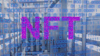 Animation of nft and binary code over server room - Powered by Adobe