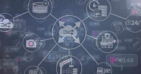 Network of digital icon and multiple speech bubbles with increasing numbers against blue background - Powered by Adobe