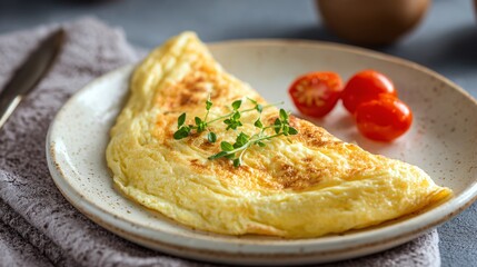 Soft omelette with uniform color, off-white ceramic plate, minimalist mood