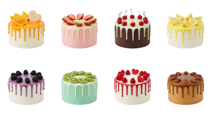 Gourmet cake set including chocolate, strawberry, citrus, berry, and caramel flavors with fruit toppings and dripping icing isolated. Sweet dessert and bakery collection.