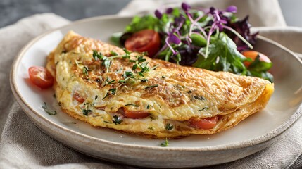 Soft-centered omelette sliced cleanly to reveal texture, off-white porcelain plate, neutral linen backdrop, refined restaurant lighting