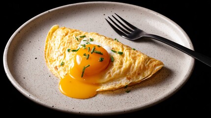 Ultra-minimal omelette on off-white porcelain, emphasis on negative space