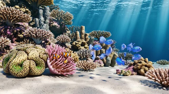 Clownfish among pink anemone and brain coral sandy reef with colorful coral, blue reef fish and sunbeams filtering through clear tropical water. colorful coral reef with brain coral and pink sea