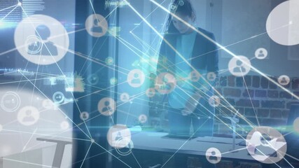 Animation of network of connections and data processing over businesswoman in office - Powered by Adobe