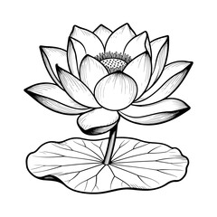 Elegant Line Art Lotus Flower with Leaf Botanical Drawing
