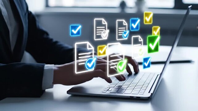 Professional managing digital documents on laptop, emphasizing workflow automation, paperless office, and secure data storage. Enhancing business efficiency, productivity, and digital transformation.