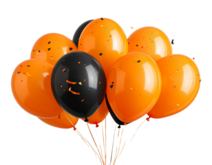 Festive orange black balloon cluster with confetti isolated on transparent background PNG