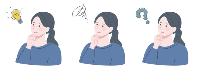 落ち着いたカラー　手を顎に当てている女性３パターン　ひらめき・困惑・疑問