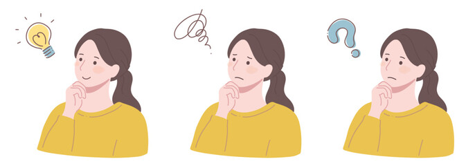 手を顎に当てている女性３パターン　ひらめき・困惑・疑問　ビタミンカラー　フラットイラスト