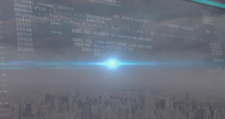 Animation of data processing over cityscape - Powered by Adobe