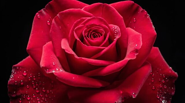 Red rose bud opening into a full bloom in time-lapse. Fresh flower with water droplets against a black background. Growth and romance concept for Valentine's Day
