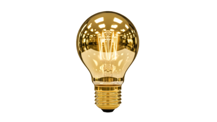 A brilliantly glowing vintage style golden light bulb on a transparent background