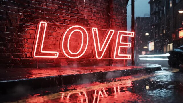 Red neon "LOVE" sign glowing on a brick wall in a rainy city street at night. Urban atmosphere with reflections in puddles and passing cars. Cinematic Valentine's Day concept