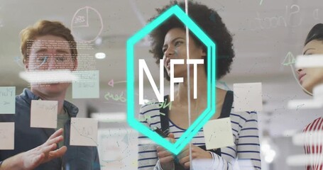 Animation of nft text over diverse business people in office - Powered by Adobe