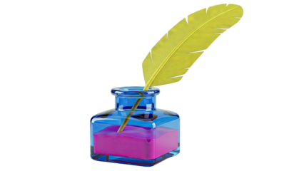 Golden Feather in Blue Inkwell with Pink Ink