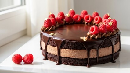  Chocolate layer cake with dripping ganache and strawberries on top, displayed on white surface near window with natural light