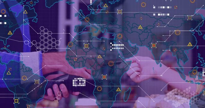 Animation of data processing with world map over diverse people paying with credit card