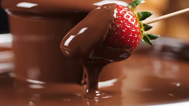 Dipping a fresh red strawberry into a flowing chocolate fountain. Sweet dessert fondue concept for Valentine's Day celebration. Close-up slow motion of fruit being coated in melted chocolate