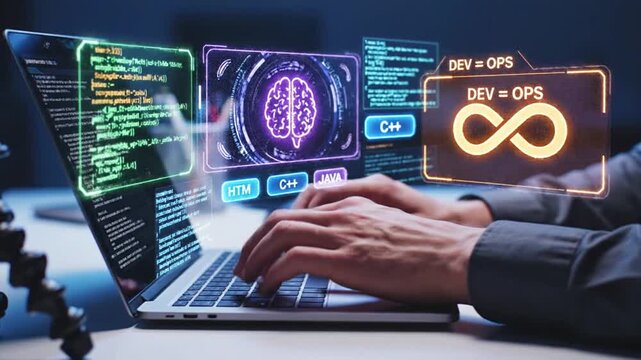 Professional developer programming AI and DevOps solutions on a laptop with a futuristic holographic interface. Emphasizes software engineering, automation, machine learning, and digital...