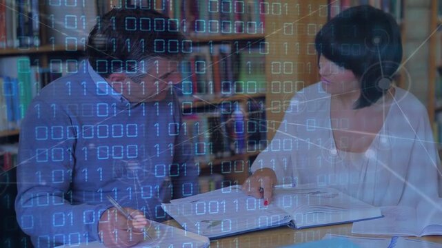 Animation of data processing and network of connections over diverse teachers in library