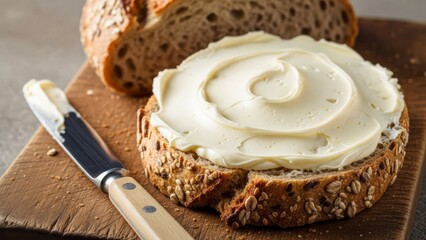 Whole grain bread slice generously spread with creamy butter, showcasing a delicious breakfast closeup.
