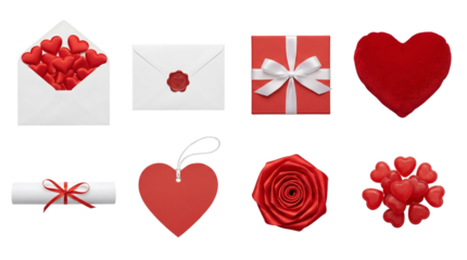 Valentine's Day romantic gift set including envelopes with wax seal, red hearts, gift box, rose, and scroll isolated. Wedding and anniversary celebration elements collection.