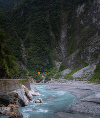 Vertical view of Changchun Shrine waterfall above Liwu River in Taroko Gorge, Taiwan