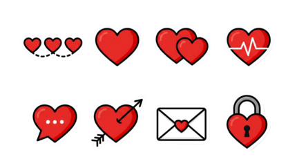 Red heart icon set including pulse, lock, message, arrow, and overlapping shapes isolated. Valentine and romantic symbols collection.