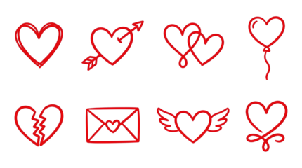 Red heart icon set including arrow, interlocking, balloon, broken, envelope, and winged versions. Romantic hand drawn doodles for valentines and wedding designs.