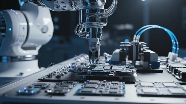 Robotic assembly machine soldering electronic circuit board with precision robotic arm placing microchip and electronic component printed circuit board clean factory assembly automation environment