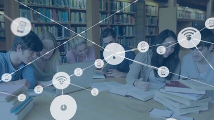 Animation of network of connections over diverse students learning in library - Powered by Adobe