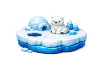 Cute polar bear on ice floe with igloo and mountains - winter wildlife illustration for posters or cards
