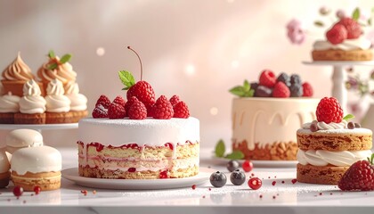 A delightful display of various delectable cakes and pastries adorned with fresh berries and cream