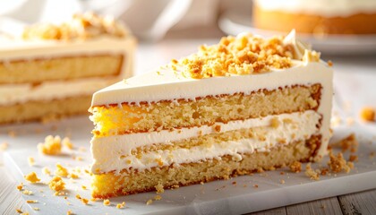 A beautifully layered slice of cake with creamy frosting and a crumble topping on a marble surface