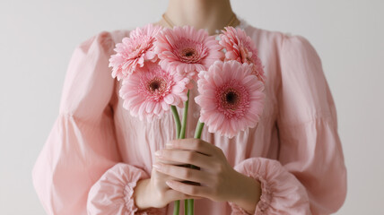 ピンクのガーベラを持つ日本人女性、やわらかな花の表情