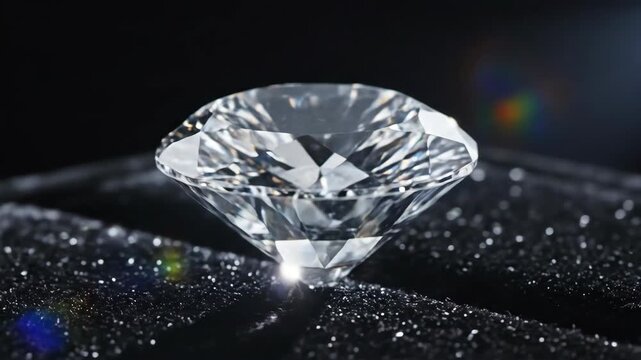 Macro close-up of a sparkling brilliant cut diamond on a black textured surface. Luxury gemstone reflecting light with prismatic lens flares. Jewelry for engagement, wedding, or Valentine's Day