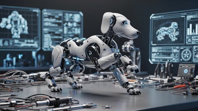 Robotic dog prototype laboratory workbench with diagnostic screens and electronic circuit tools, polished metal workbench and glowing blue sensors conveying futuristic laboratory scene with detailed
